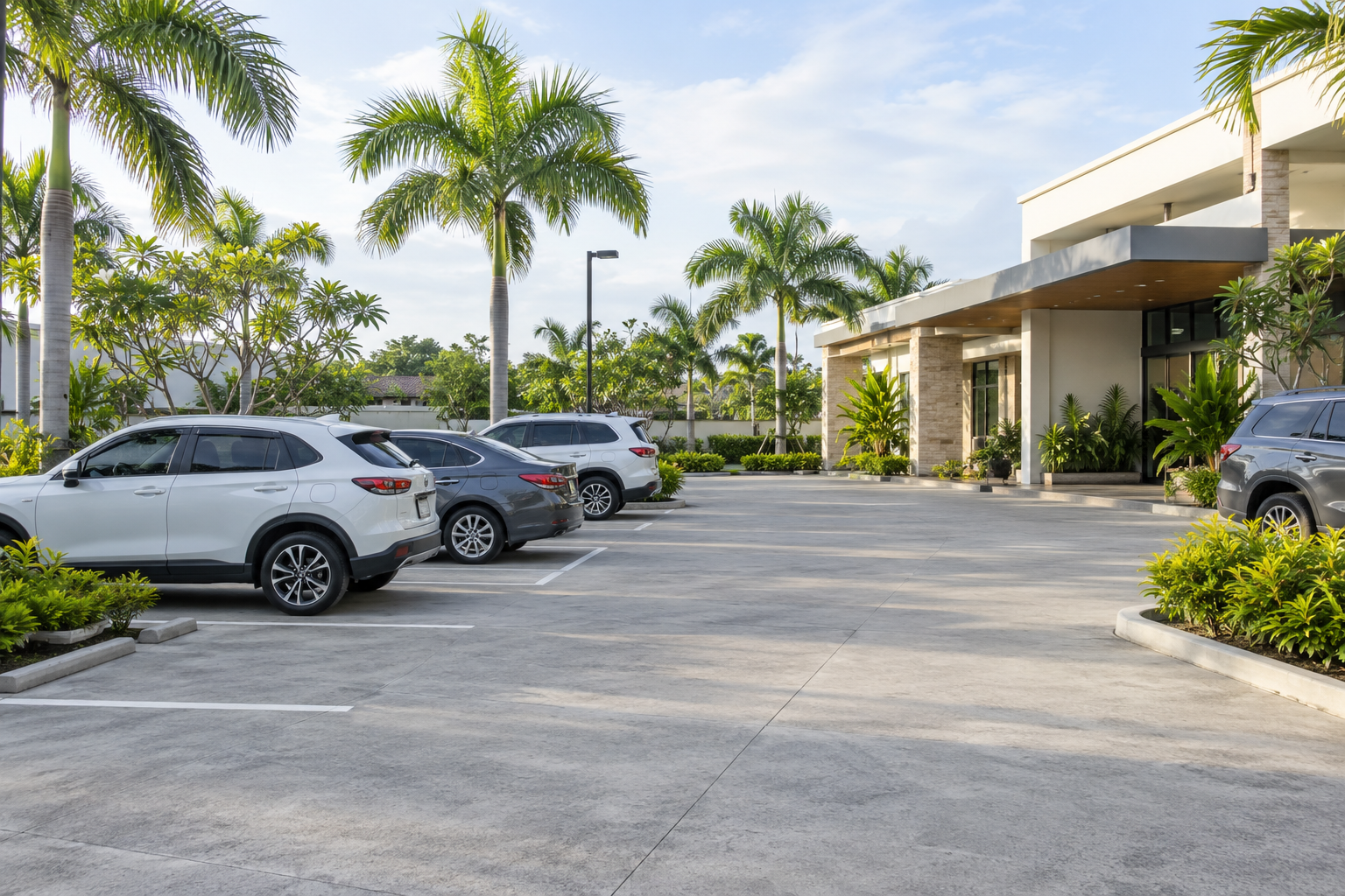 Sample outdoor parking lot with marked spaces and parked cars